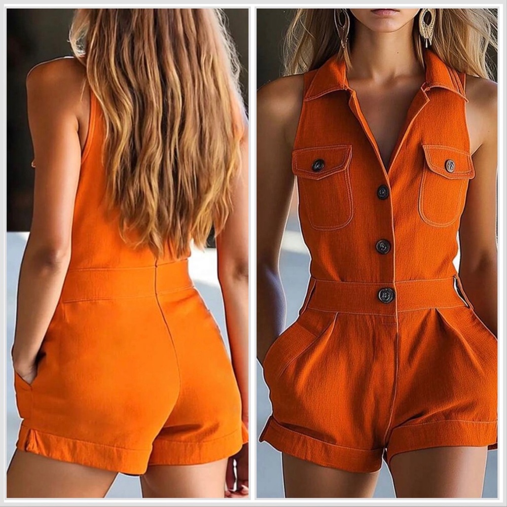 Sleeveless Collared Orange Utility Jumpsuit